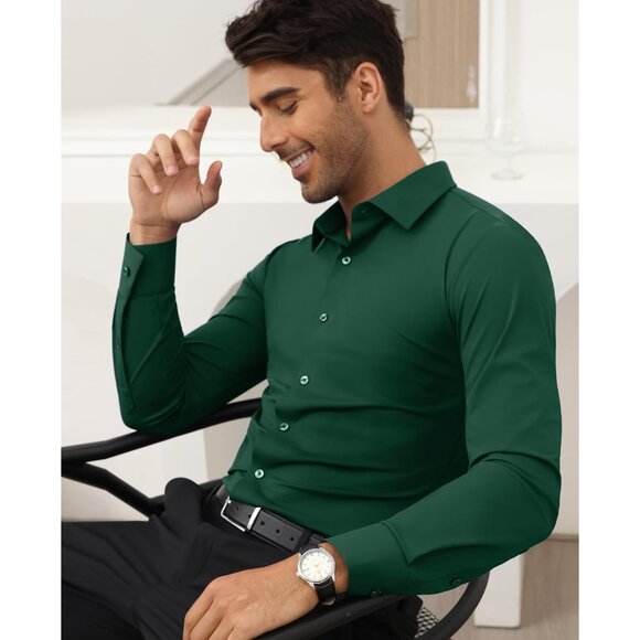 Men's Green Long Sleeve Slim Muscle Fit Wrinkle Free Button Down Dress Shirts - Picture 5 of 8